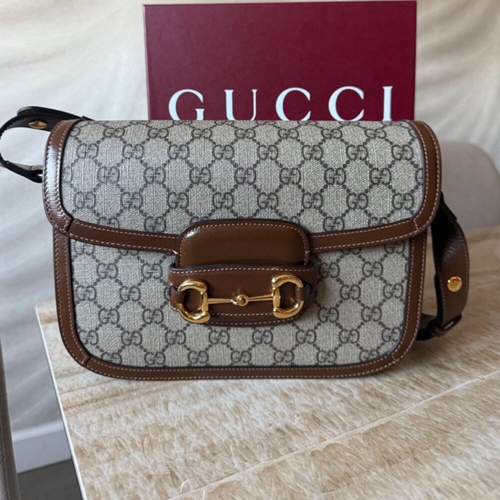 Gucci Brown/Beige GG Supreme Canvas Medium Horsebit 1955 Flap Shoulder Bag